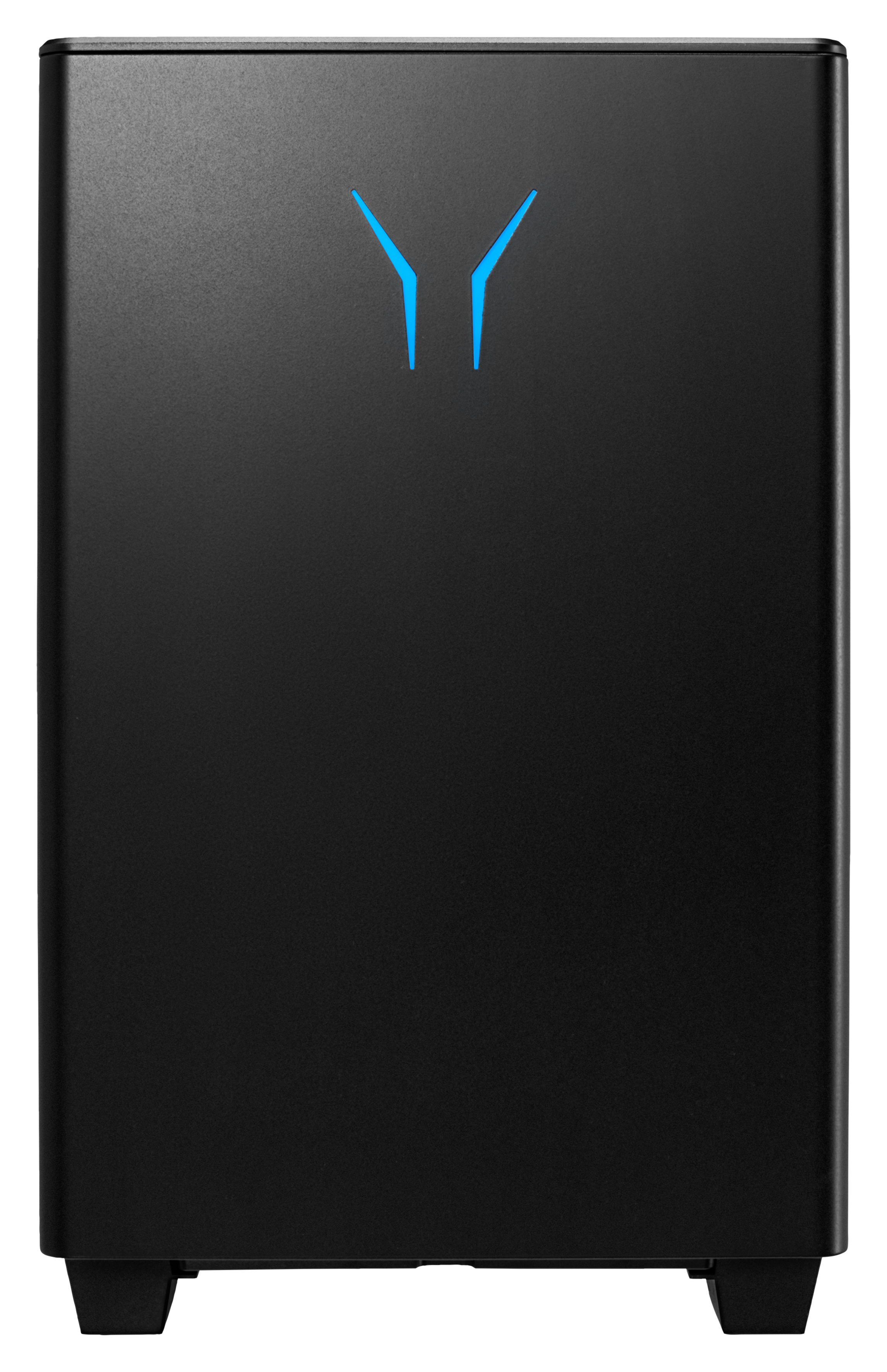 Ein schwarzer Subwoofer mit blauem Logo auf der Vorderseite. Es hat eine quadratische Form.