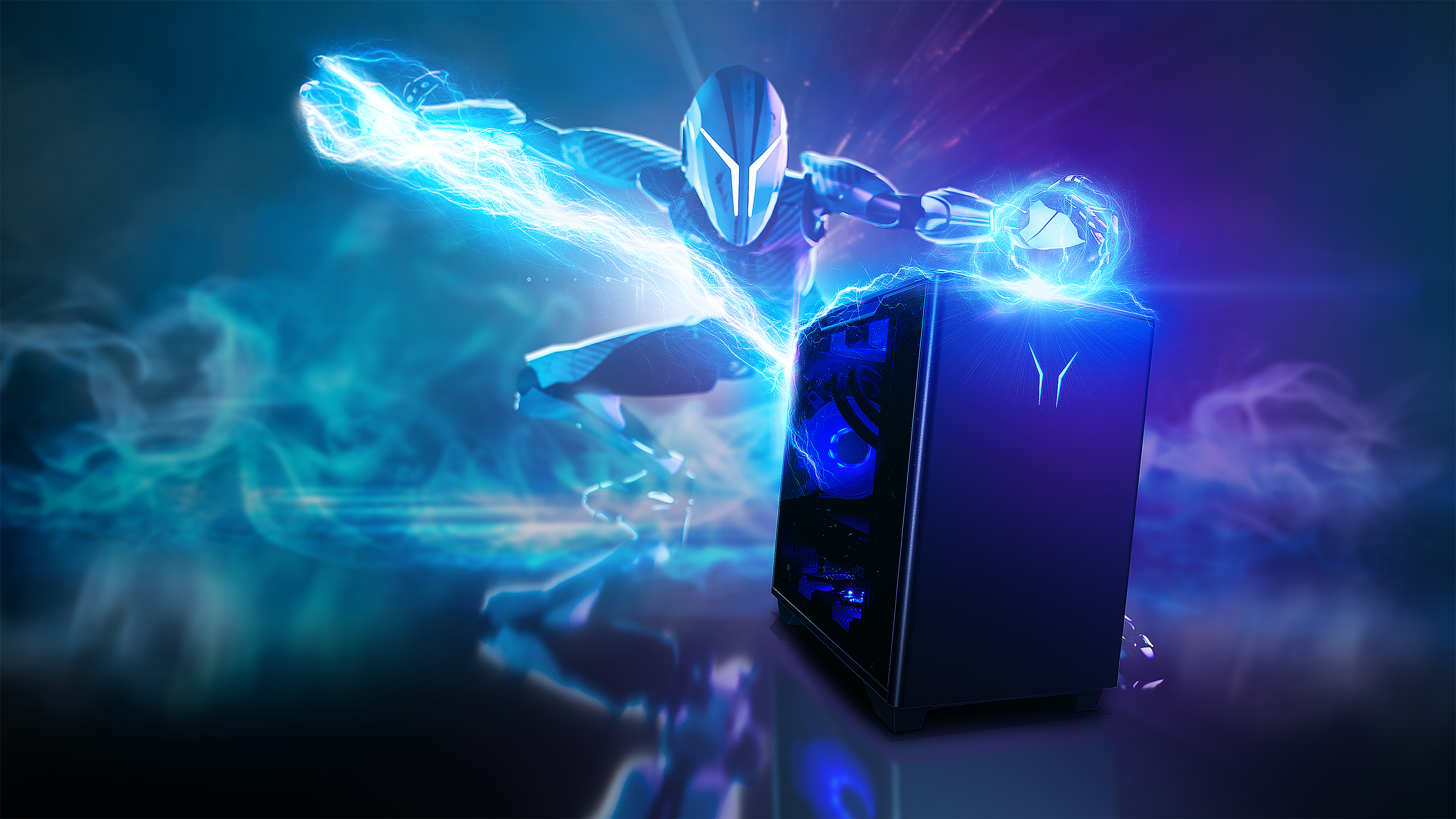 Ein Superheld mit Energieblitzen über einem PC-Gehäuse mit blauem Licht. Futuristische Szene.
