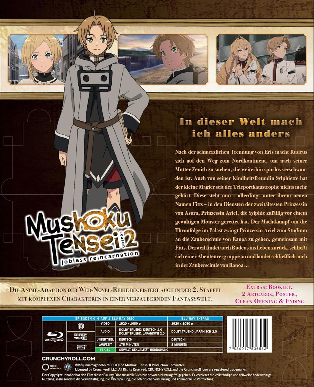 Die Rückseite einer Blu-ray Disc Hülle für den Anime Mushoku Tensei: Jobless Reincarnation.