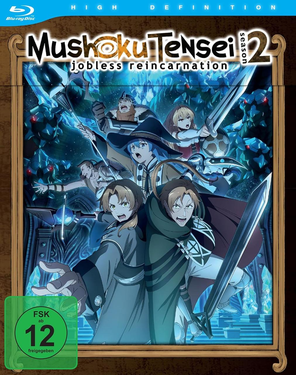 Eine Blu-ray-Disc des Anime Mushoku Tensei. Das Cover zeigt Charaktere aus dem Anime in einer Fantasy-Umgebung.