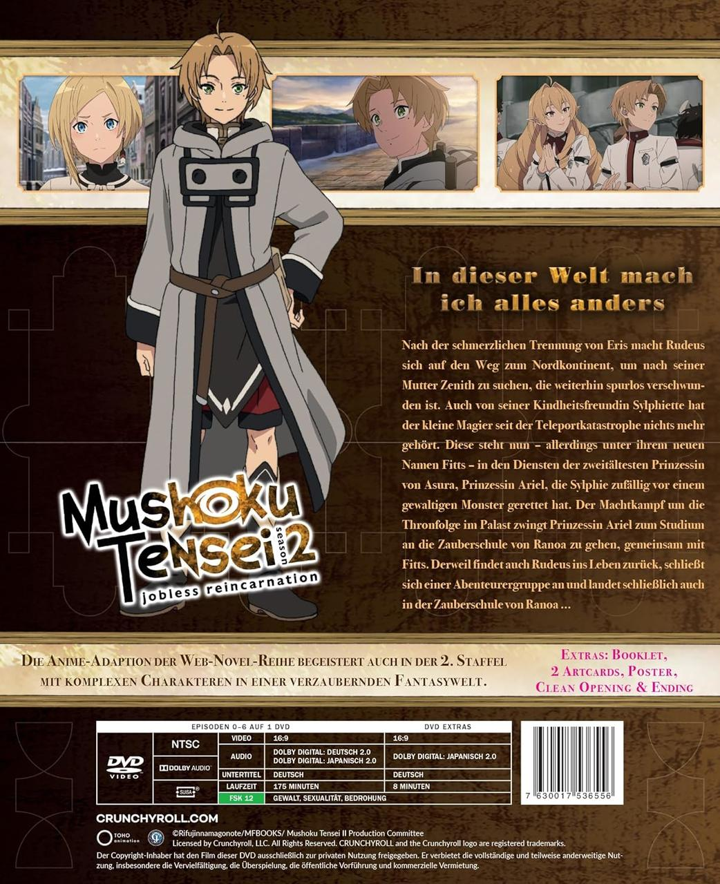 Rückseite einer Anime-DVD. Enthält Text und Zeichentrickfiguren der Show.