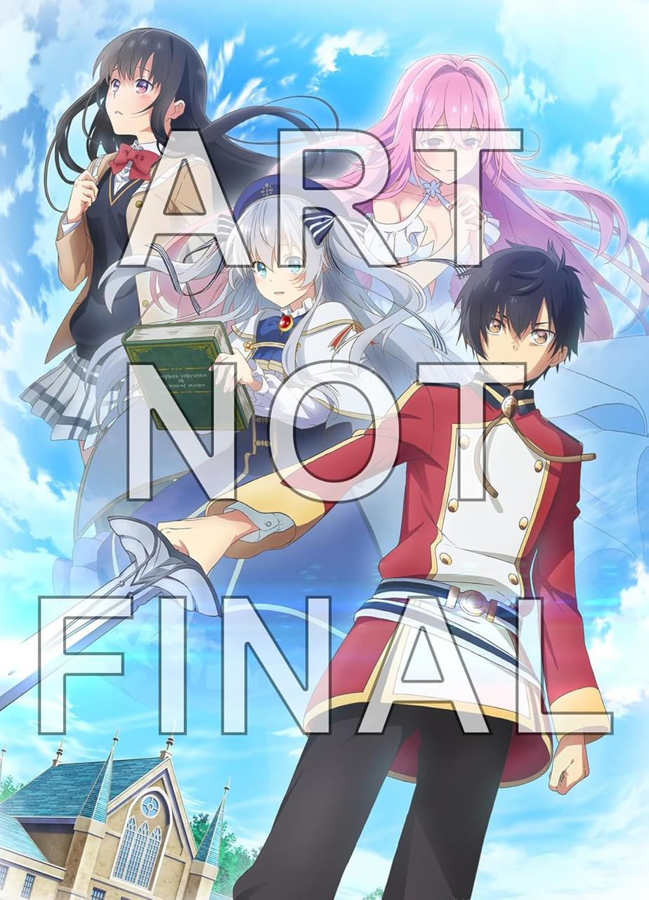 Vier Anime-Charaktere vor blauem Himmel mit Wolken und einem Schloss.