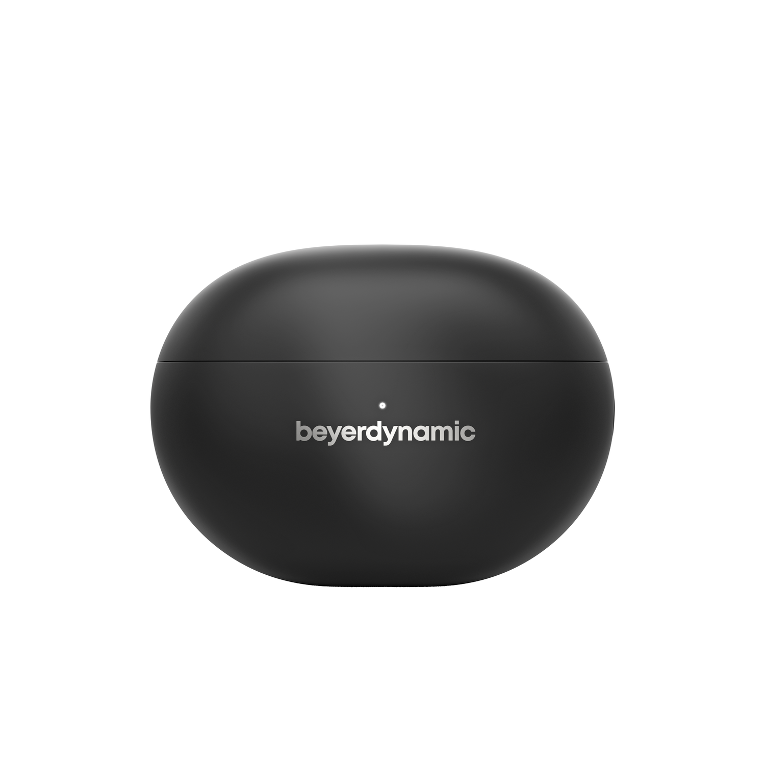 A black, oval-shaped case with 'beyerdynamic' printed on the front.