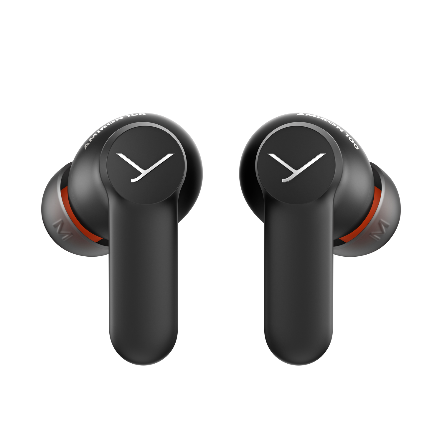 Two black wireless earbuds with red accents, isolated against a white background.