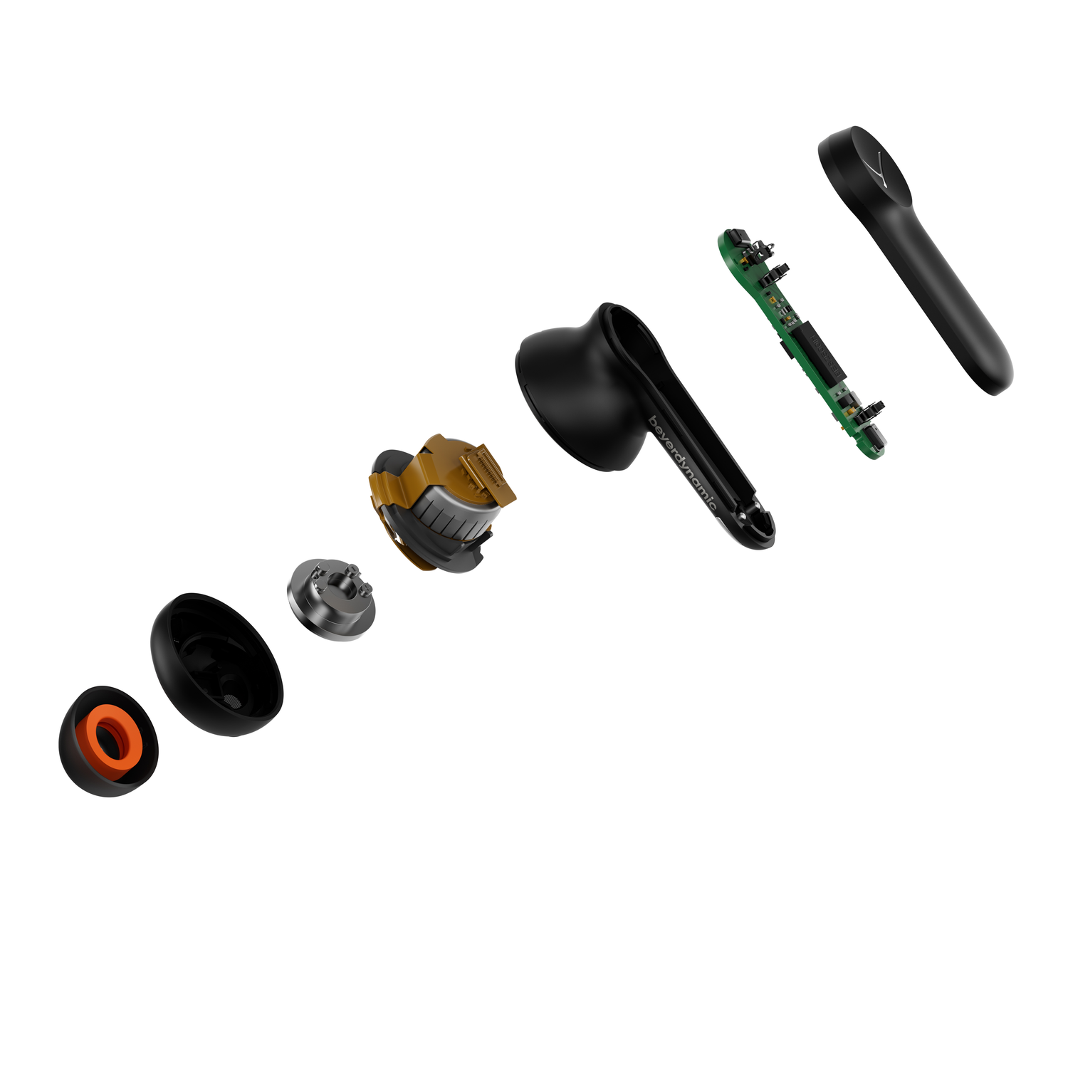 Exploded view of black wireless earbuds. Shows internal components like the circuit board.