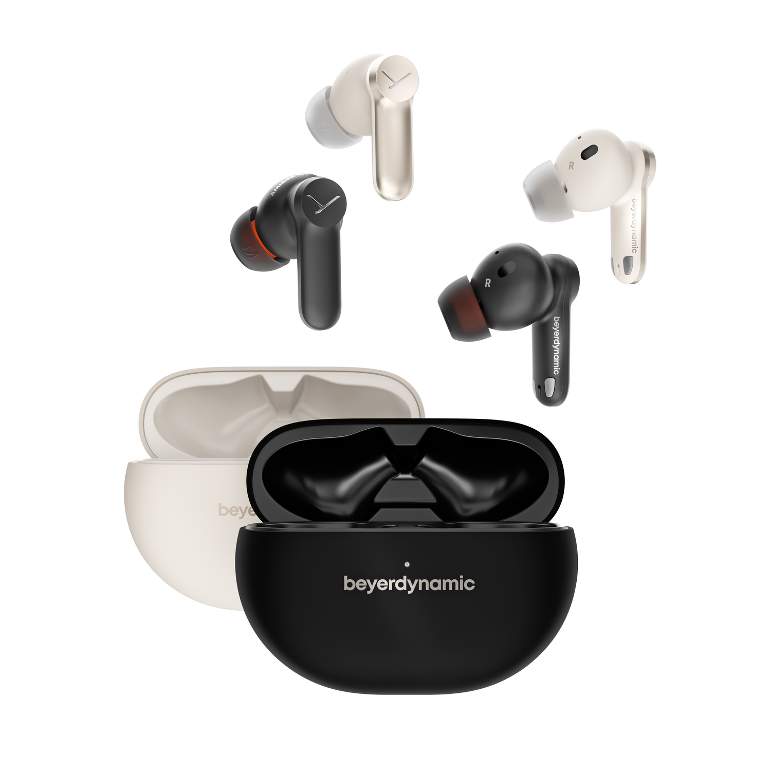 Earbuds in charging case. Black and white. White background.
