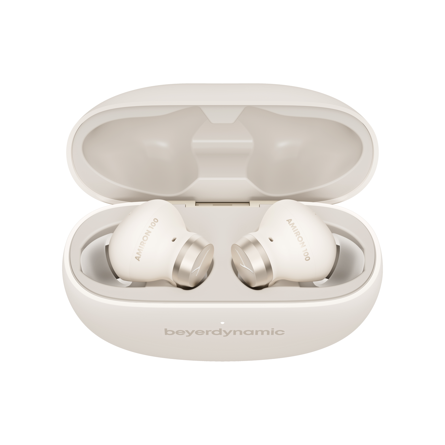 Earbuds in a white charging case on a white background. 'AMIRON 100' is written.