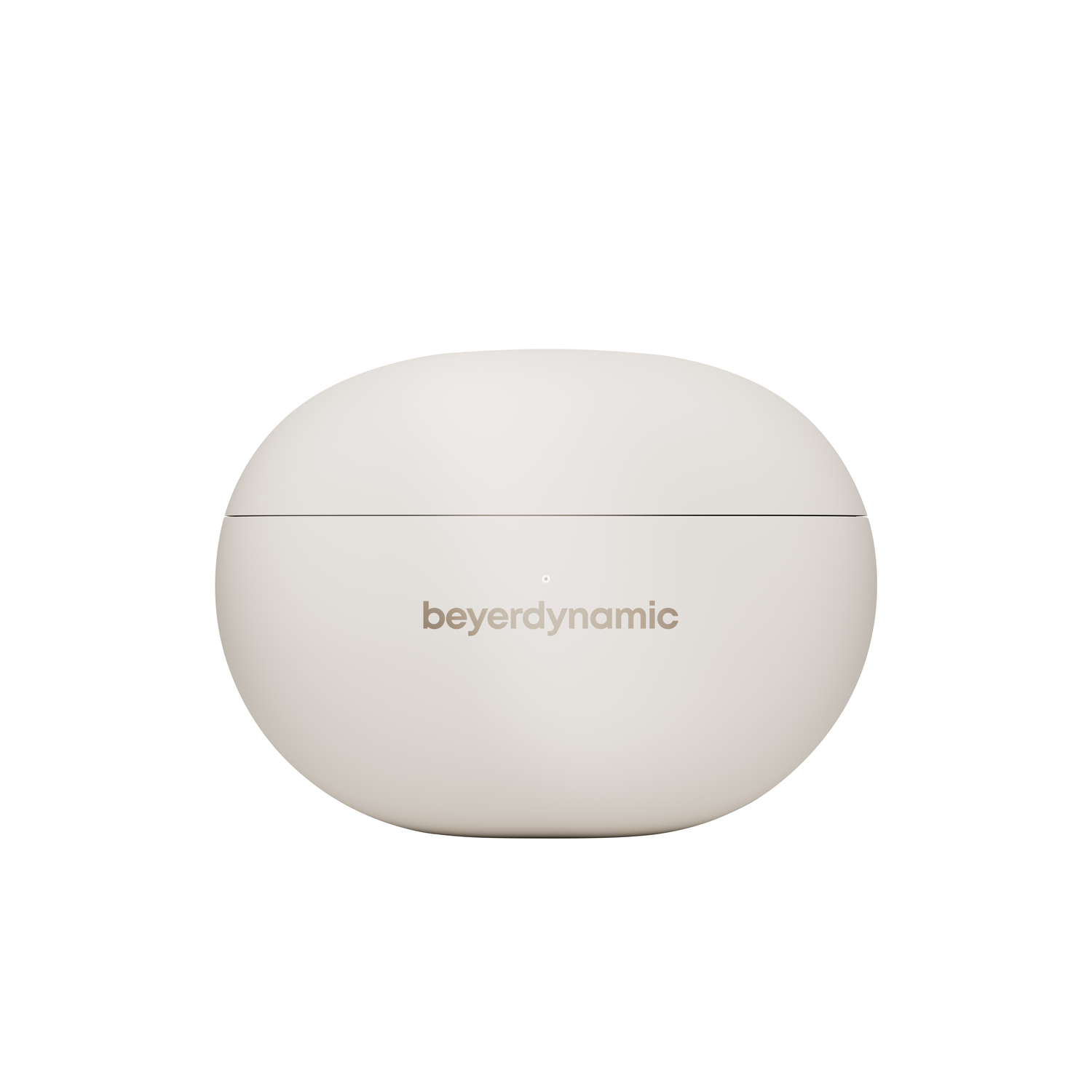 A white, oval-shaped case with the Beyerdynamic logo on the front.