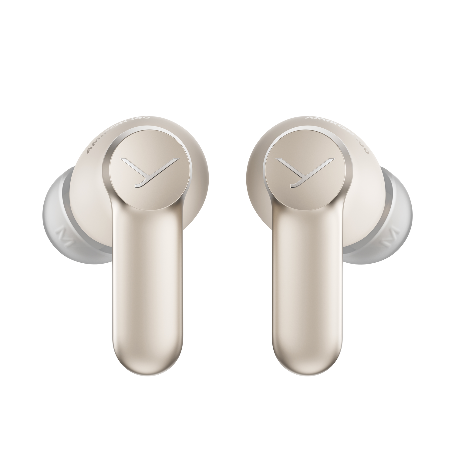 Earbuds, case, and charging arms in beige.