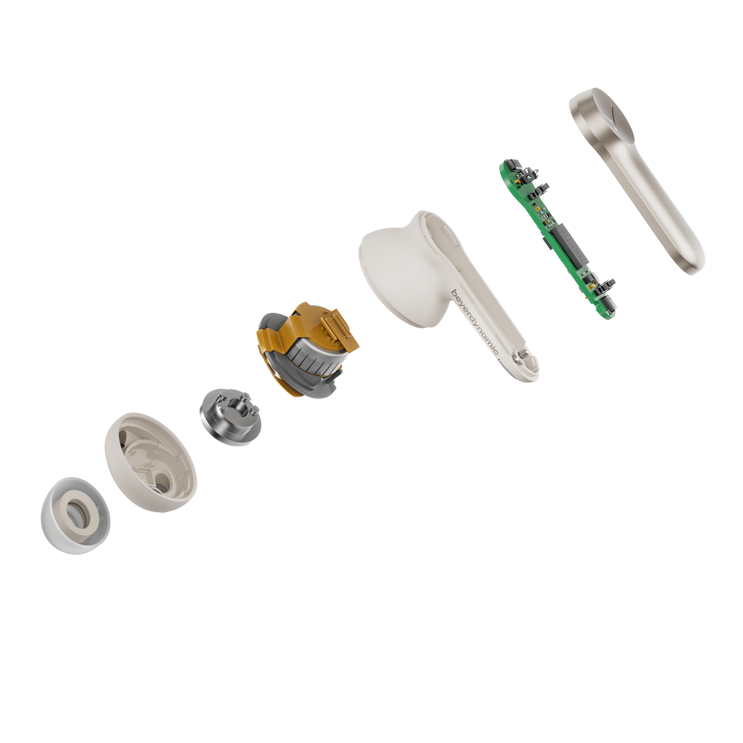 Exploded view of earphones. Various components, white background.