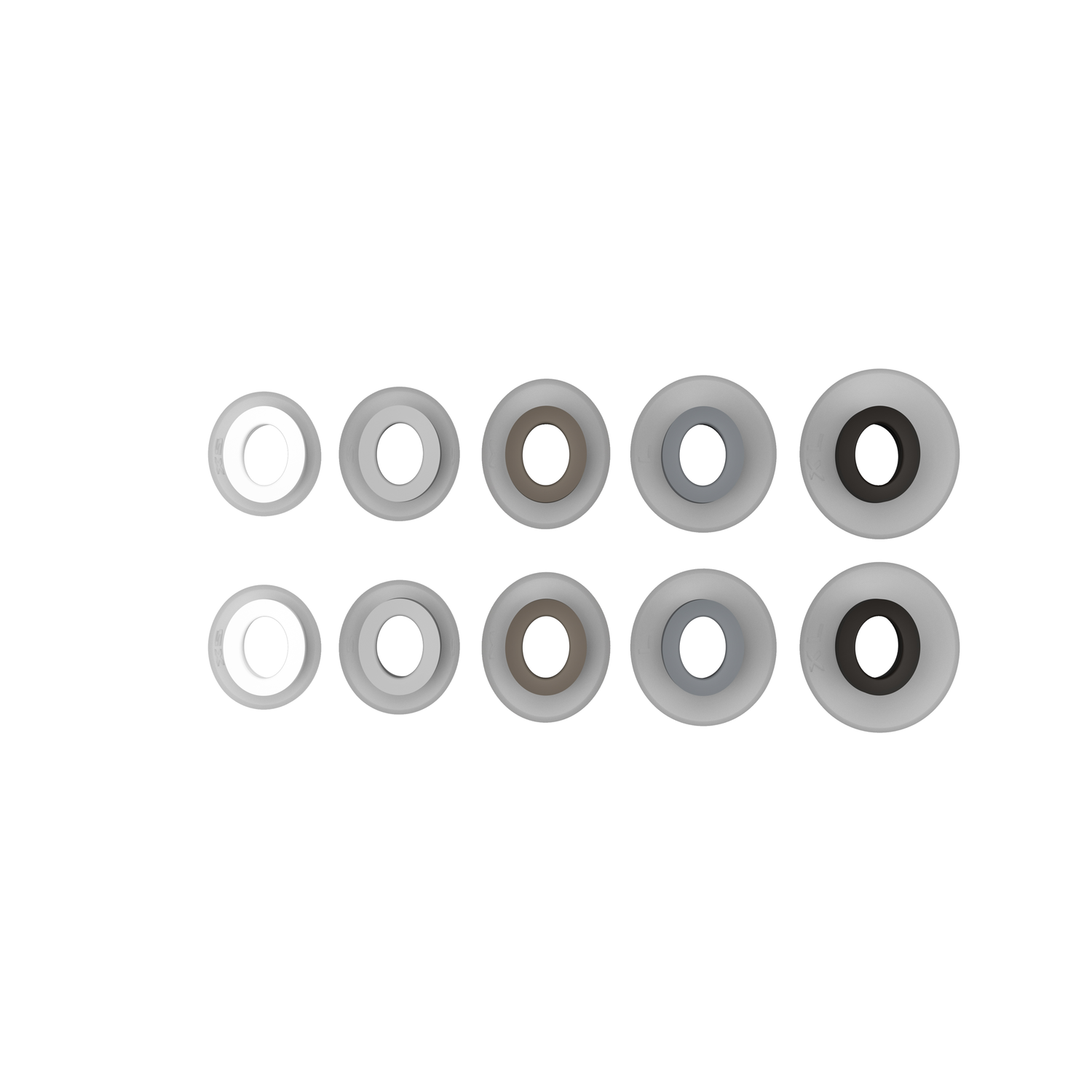 Ten gray ear tips in two rows. The tips are of different sizes and shapes.