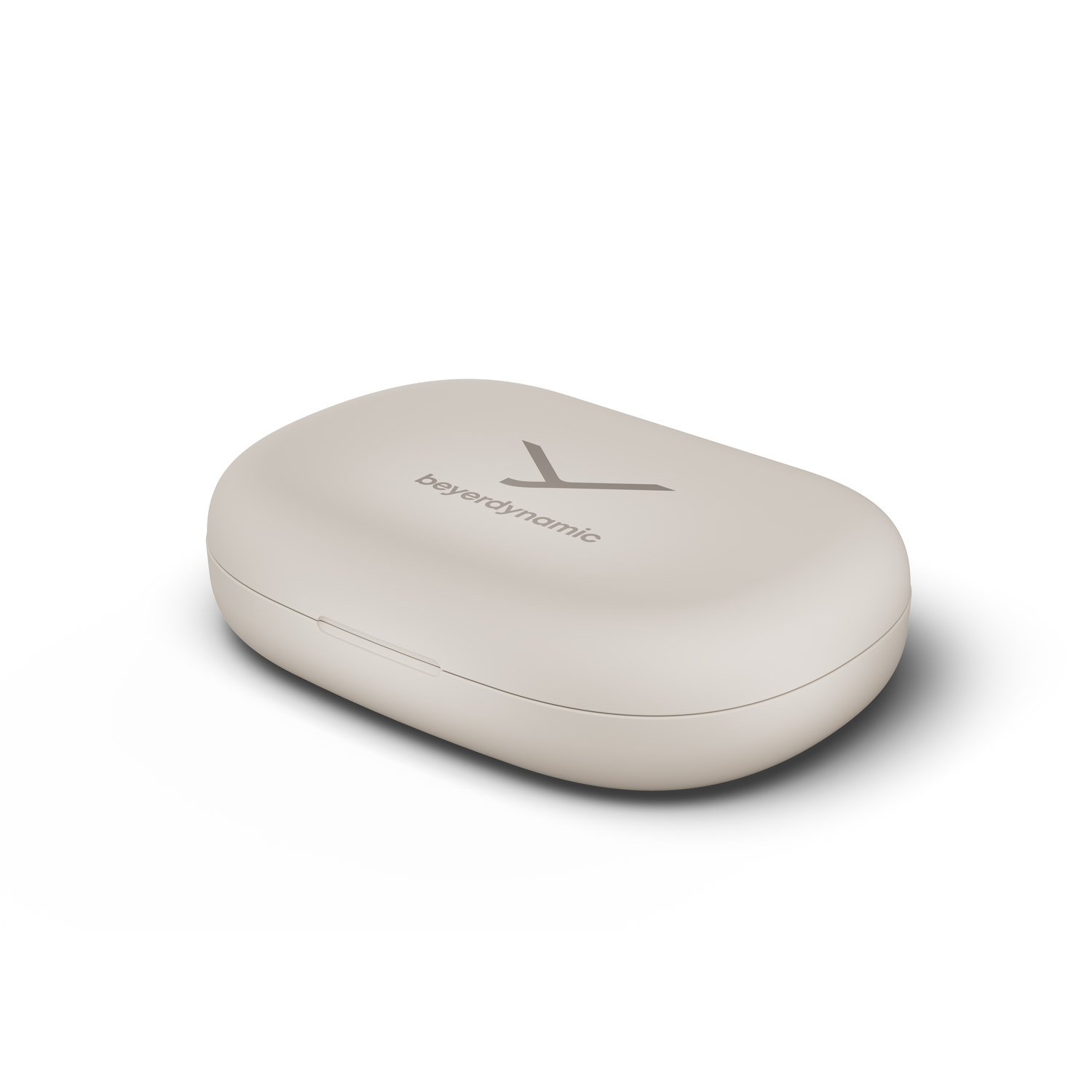 Étui beige ovale avec le logo beyerdynamic.