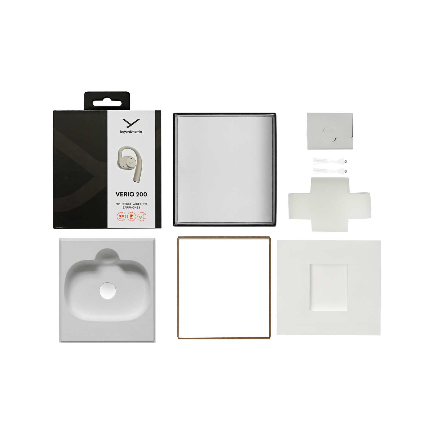 Écouteurs et accessoires en boîte sur une surface blanche. La boîte porte le nom du produit Verio 200.