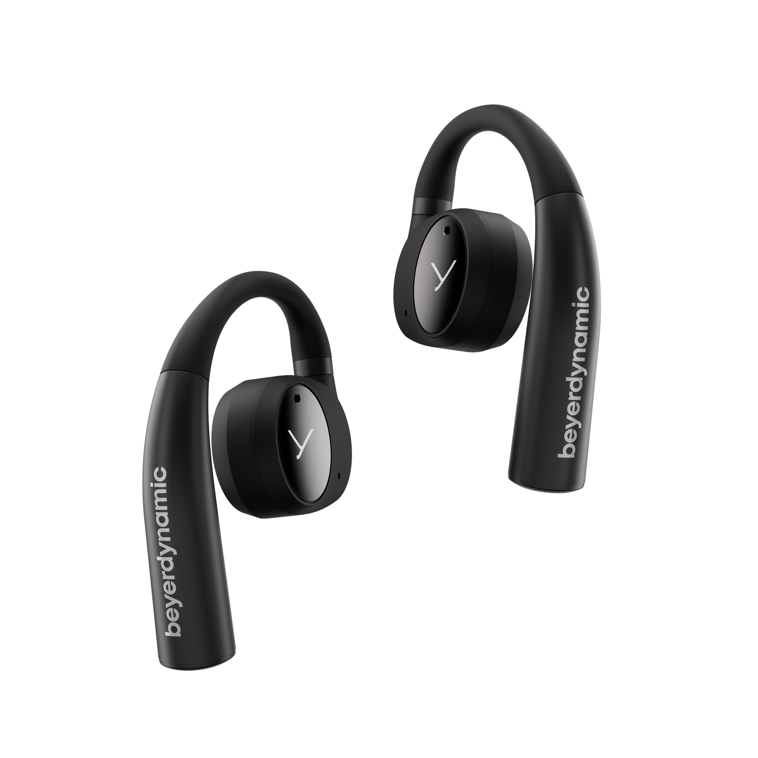 Casque Beyerdynamic noir sur blanc. Chaque écouteur a un support incurvé et le nom de la marque.