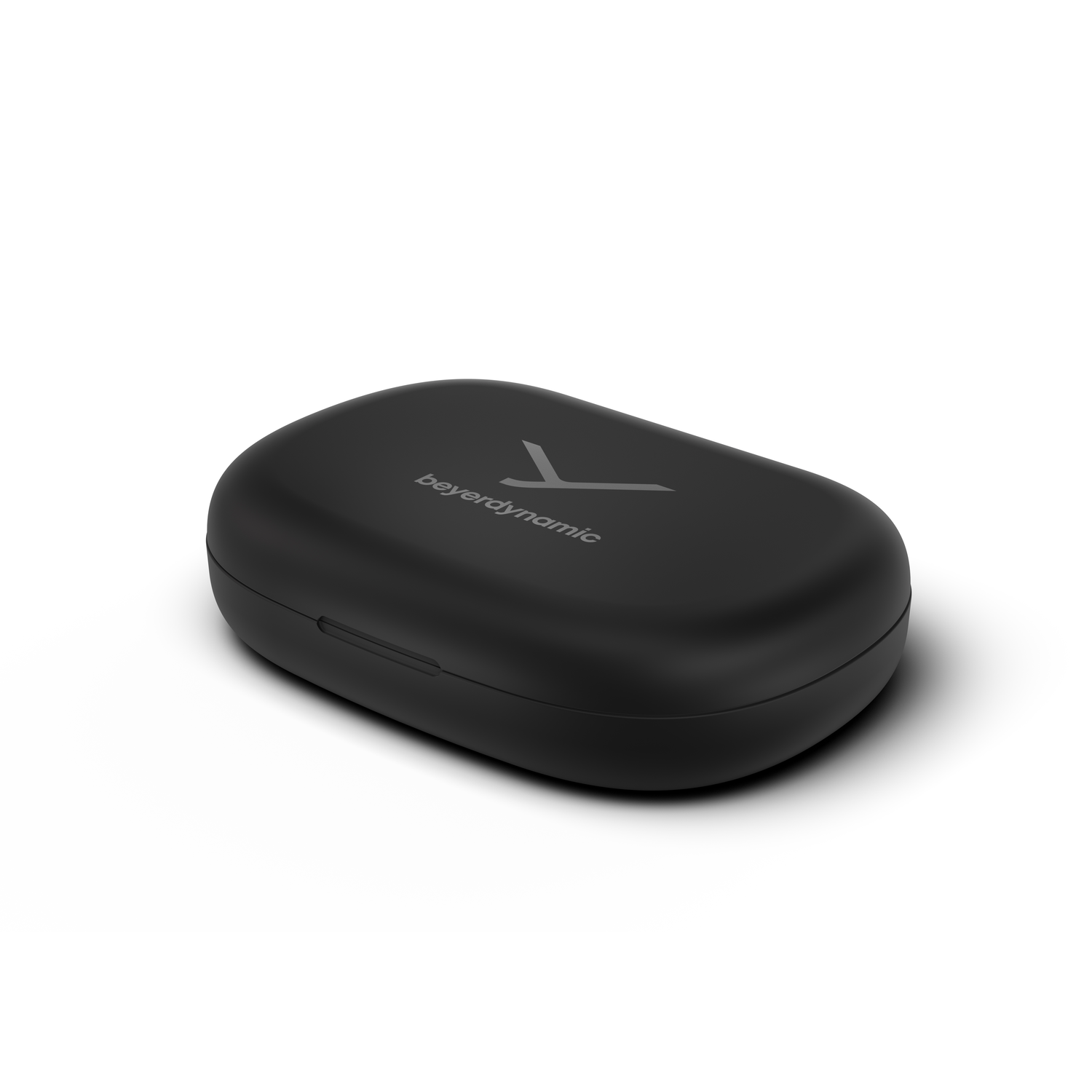 Étui de chargement Beyerdynamic noir. Le logo de la marque est subtilement affiché en haut.