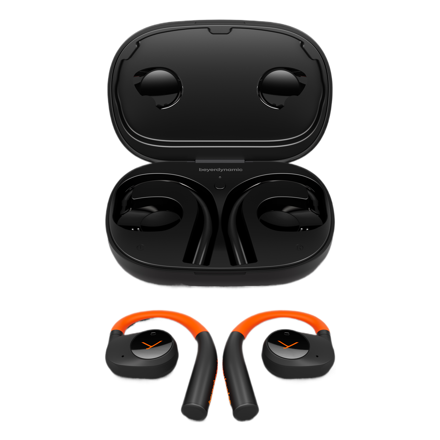 Écouteurs sans fil noirs dans un étui de chargement noir. L'ensemble comprend une paire d'écouteurs orange et noirs.