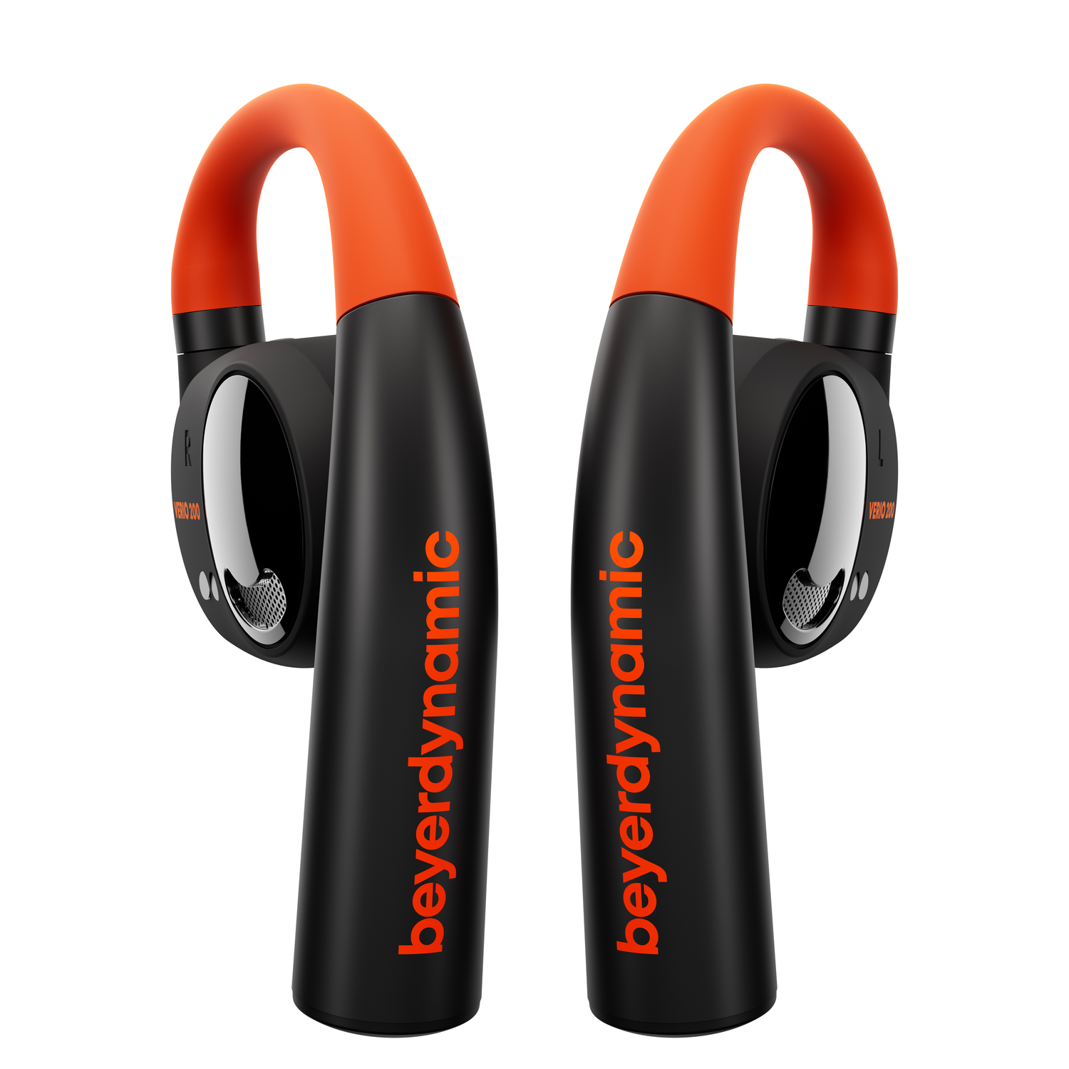 Casque Beyerdynamic noir et orange, vue en angle avec texte.