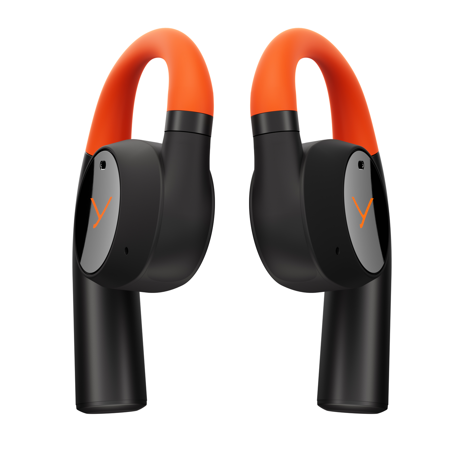 Écouteurs sans fil noirs et orange. Ils sont inclinés et ont un logo 'V'.