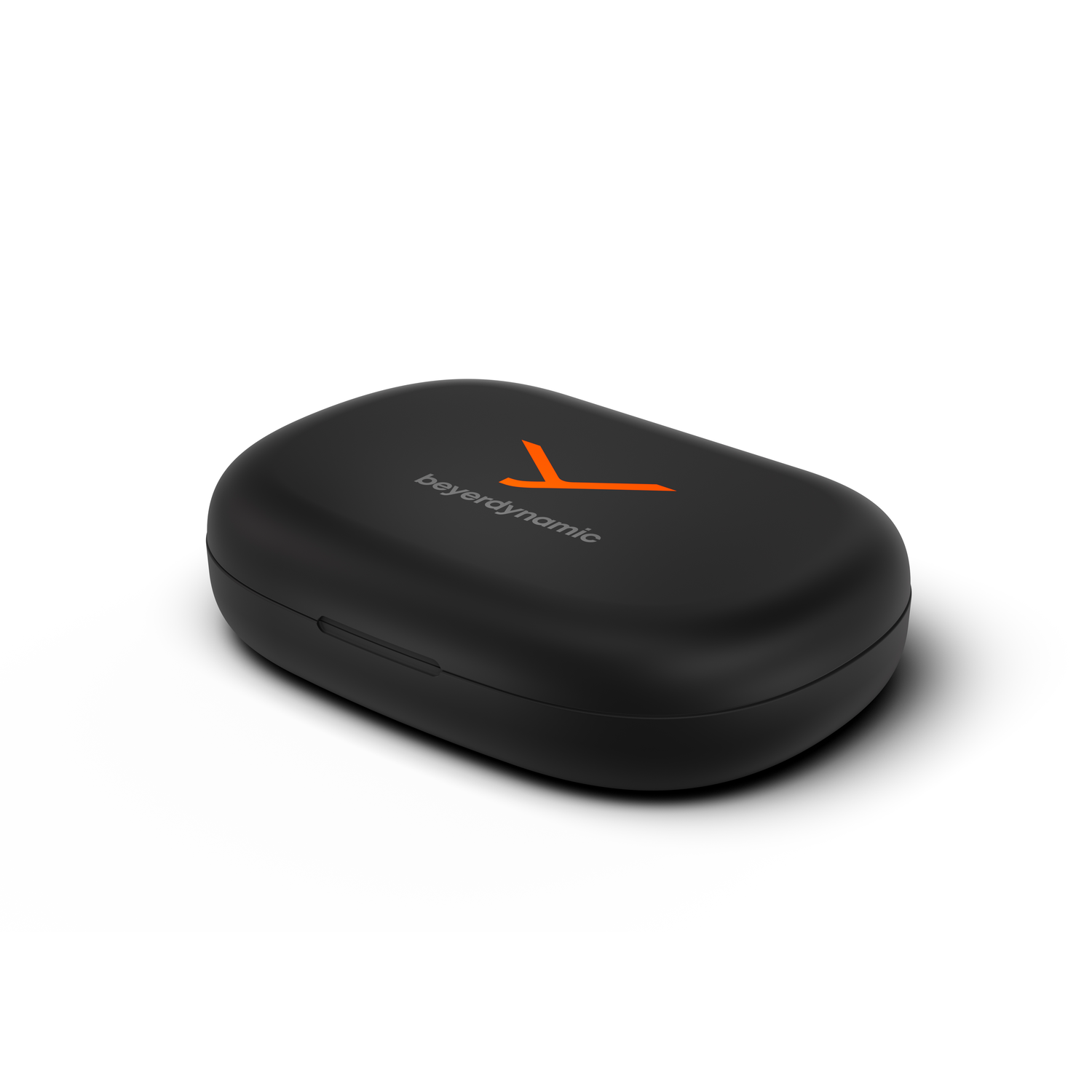 Étui de chargement noir pour écouteurs avec logo orange Beyerdynamic.
