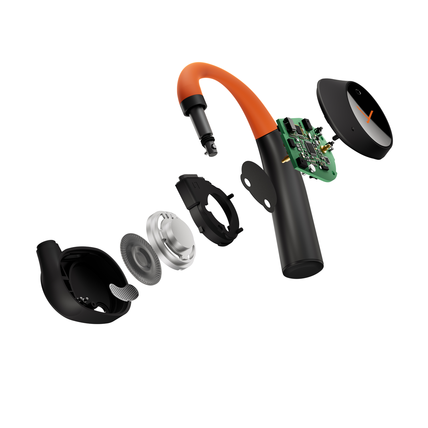 Vue éclatée des composants du casque. Couleurs orange et noir.
