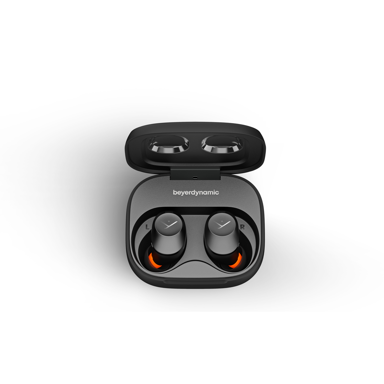 Earbuds in an open black case. Beyerdynamic logo is visible.