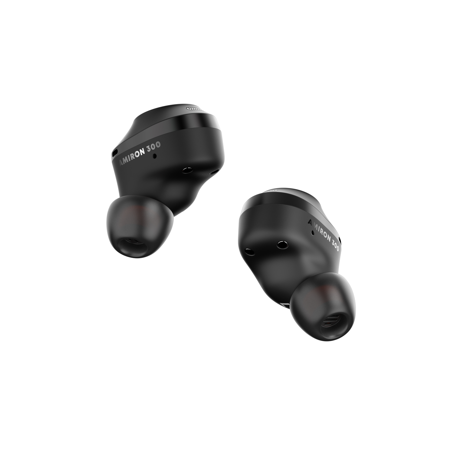 Two black wireless earbuds with a red tip, isolated on a white background.