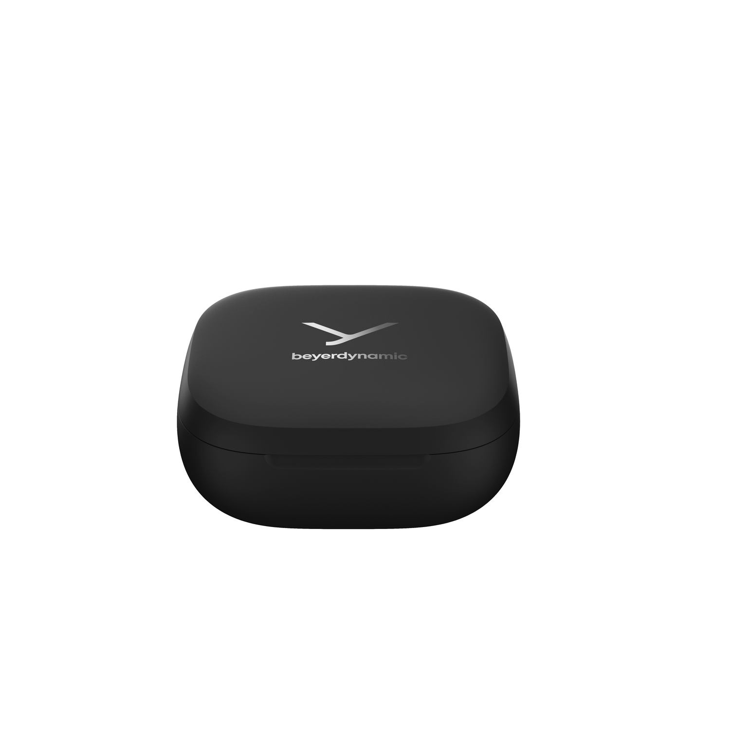 A black Beyerdynamic charging case on a white background. The case is square with rounded edges.