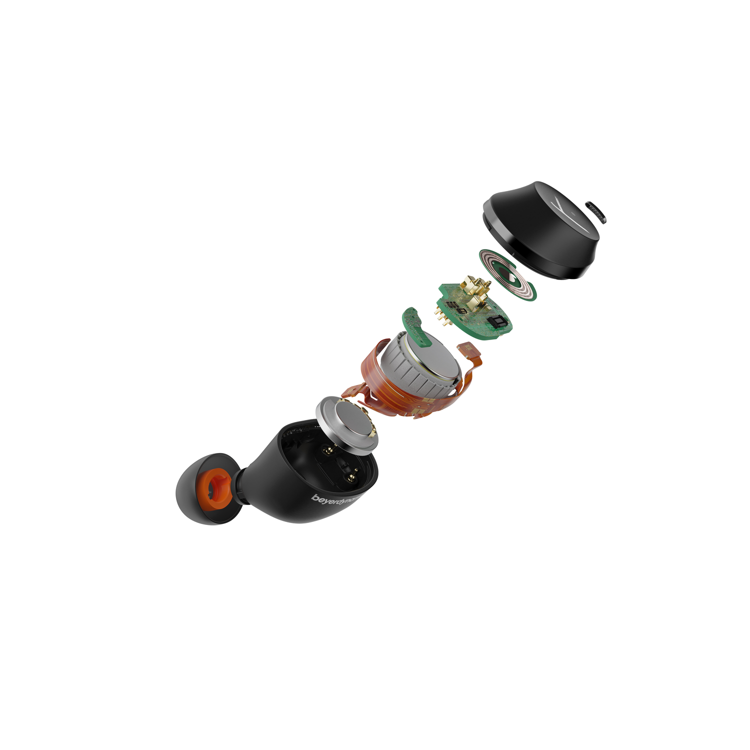 Exploded view of black and orange earphones, showing the internal components on white.