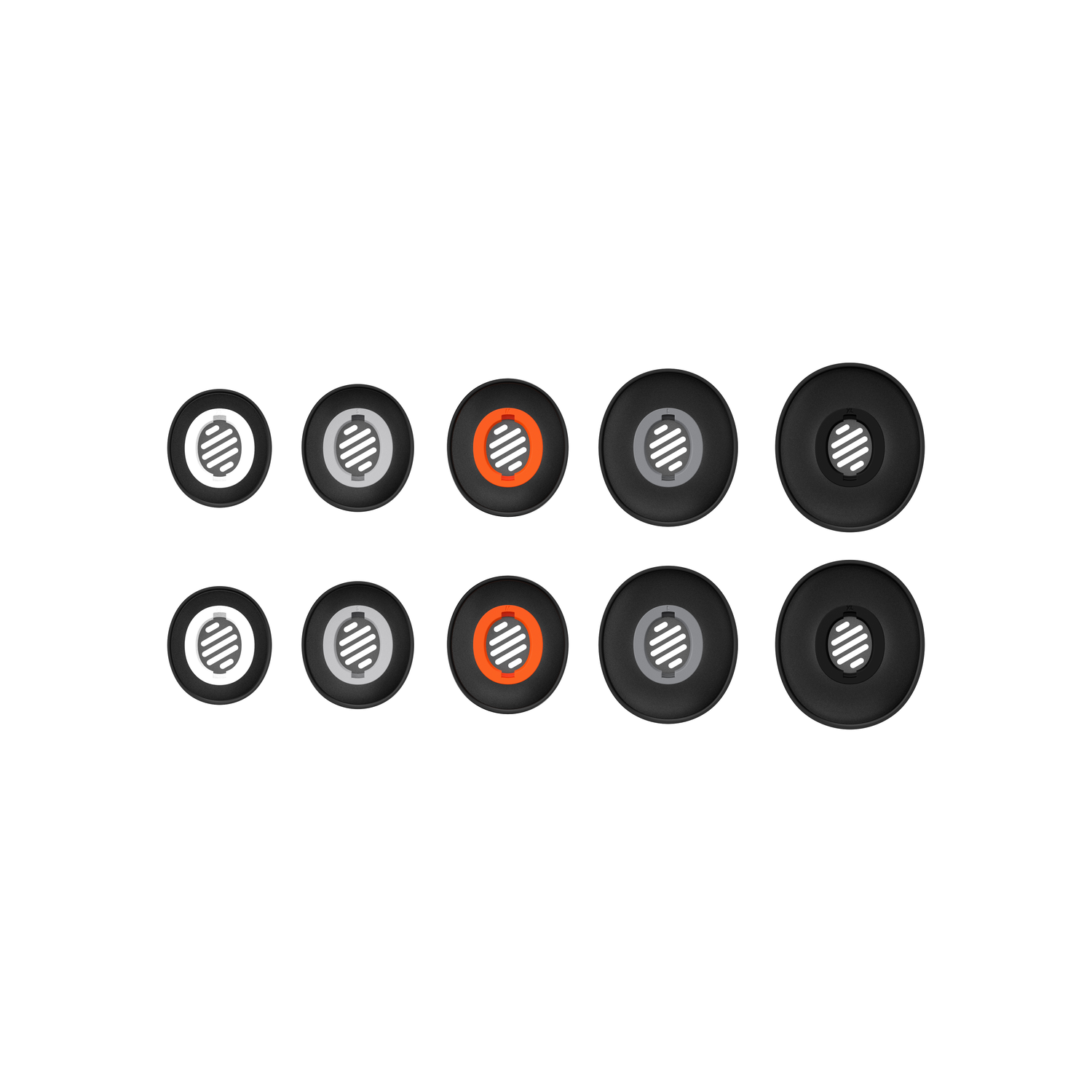 Ten black and silver ear tips. There are two sizes and colors. White background.