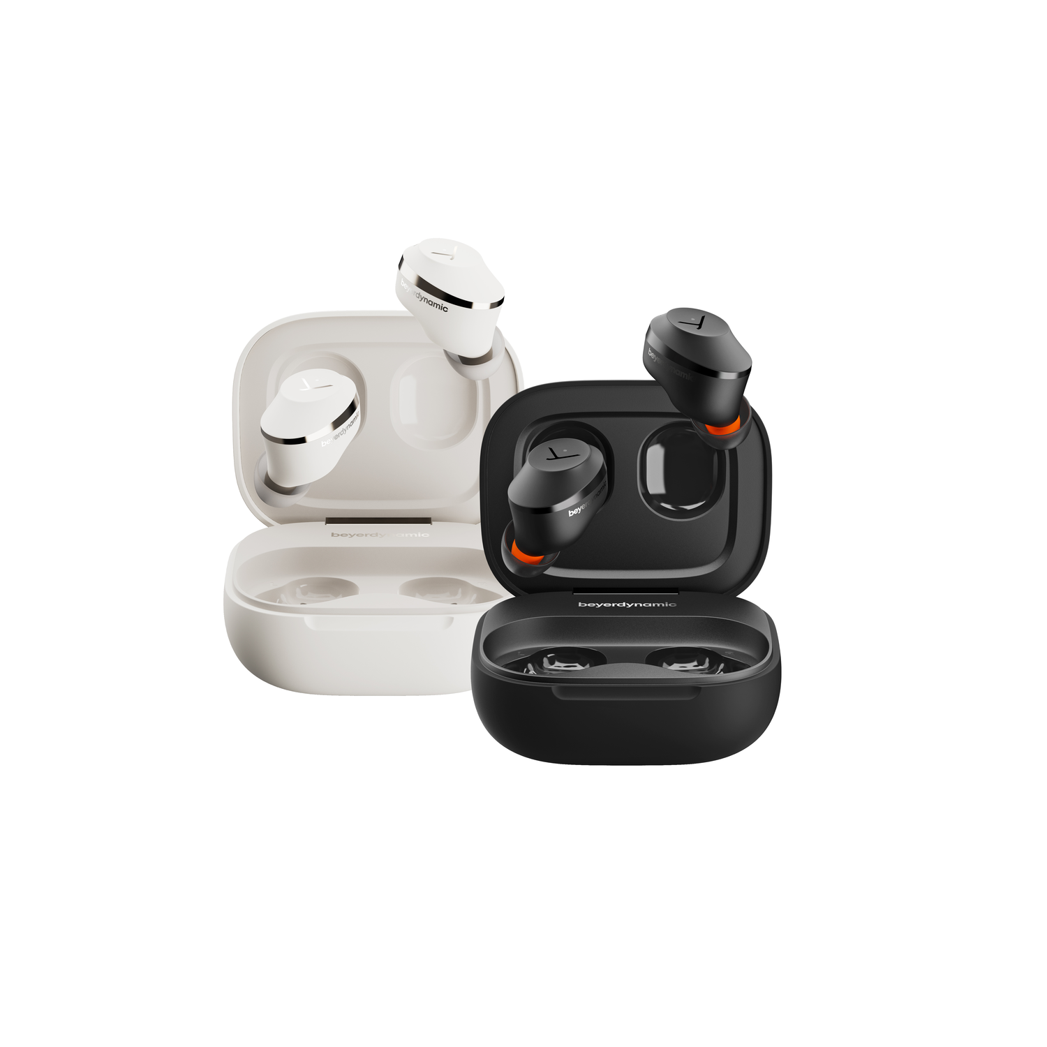 Earbuds in charging cases. Black and white. White background.
