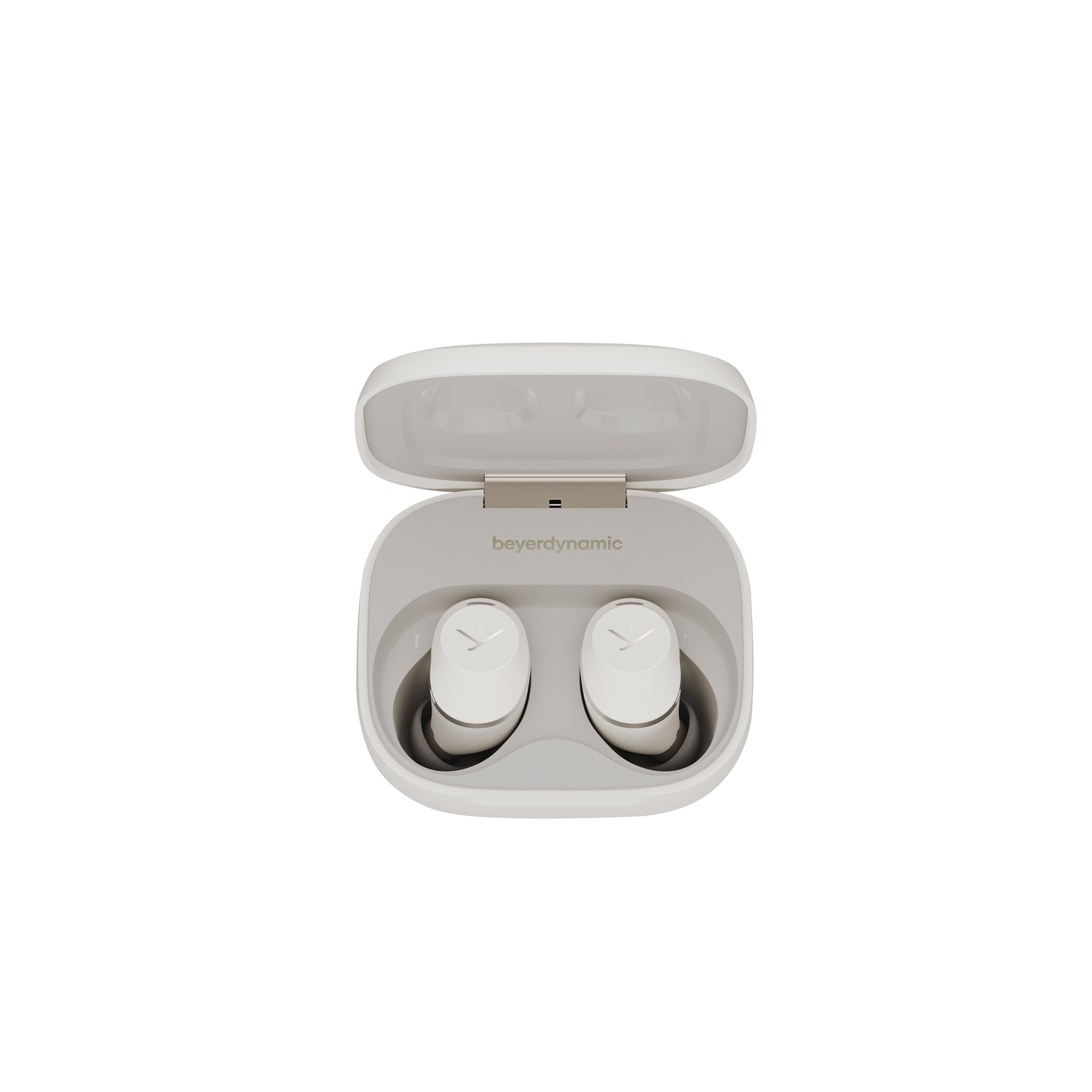 A top-down view of white earbuds in a white case.