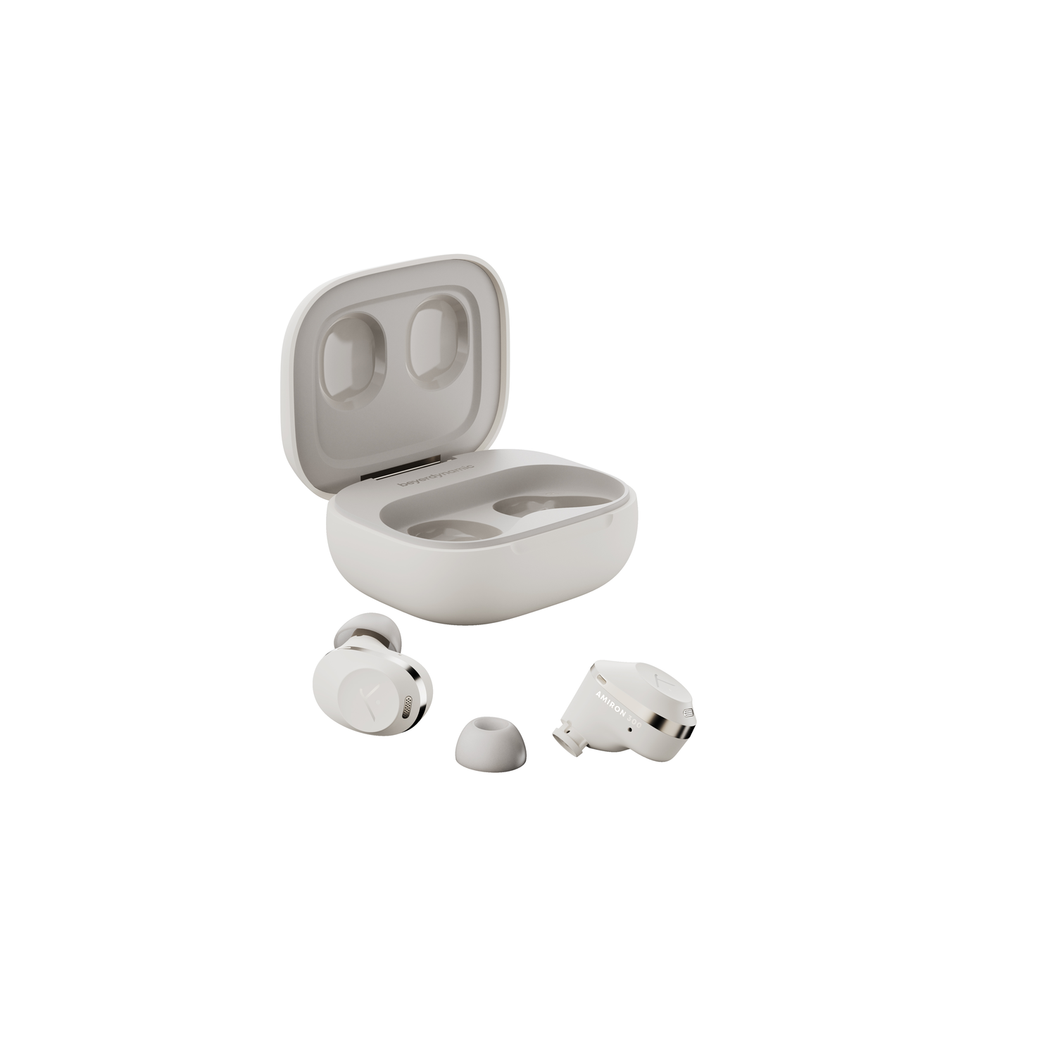 White earbuds in a charging case.