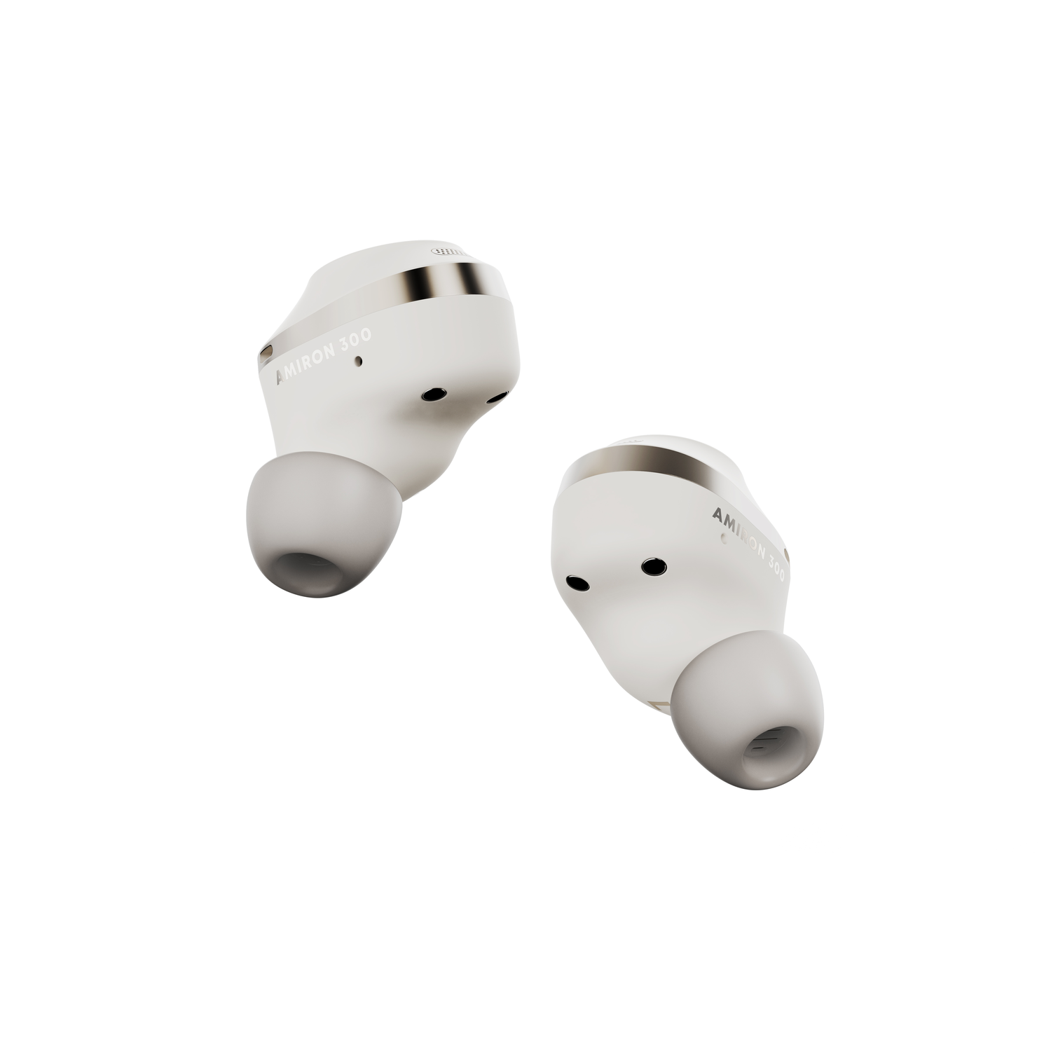 White earbuds with silver accents. The words 'AMIRON 300' are printed on the surface.