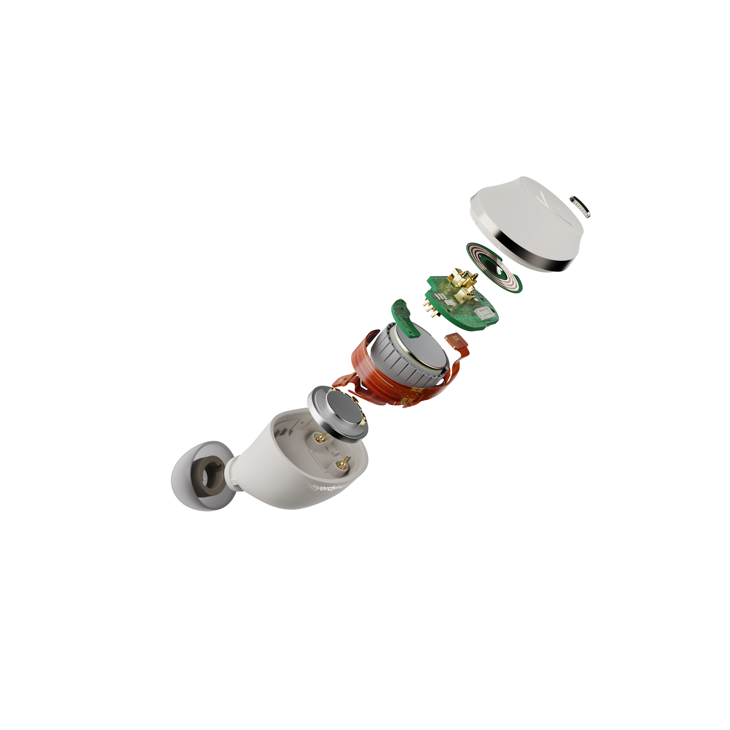 Exploded view of white earbuds. Reveals internal components like circuit boards and battery.