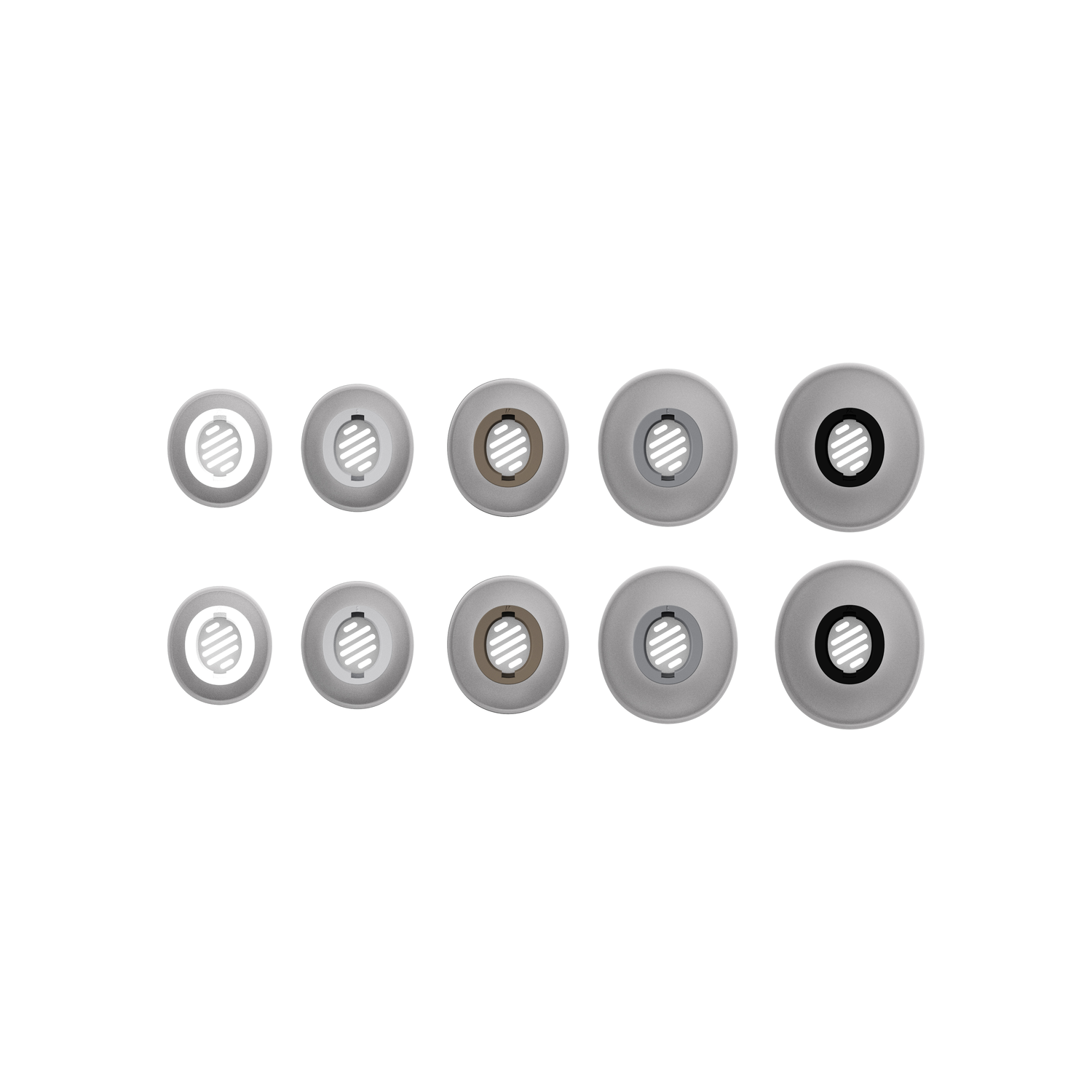 Ten silver earbud tips in two rows. Each has a central hole and a design.