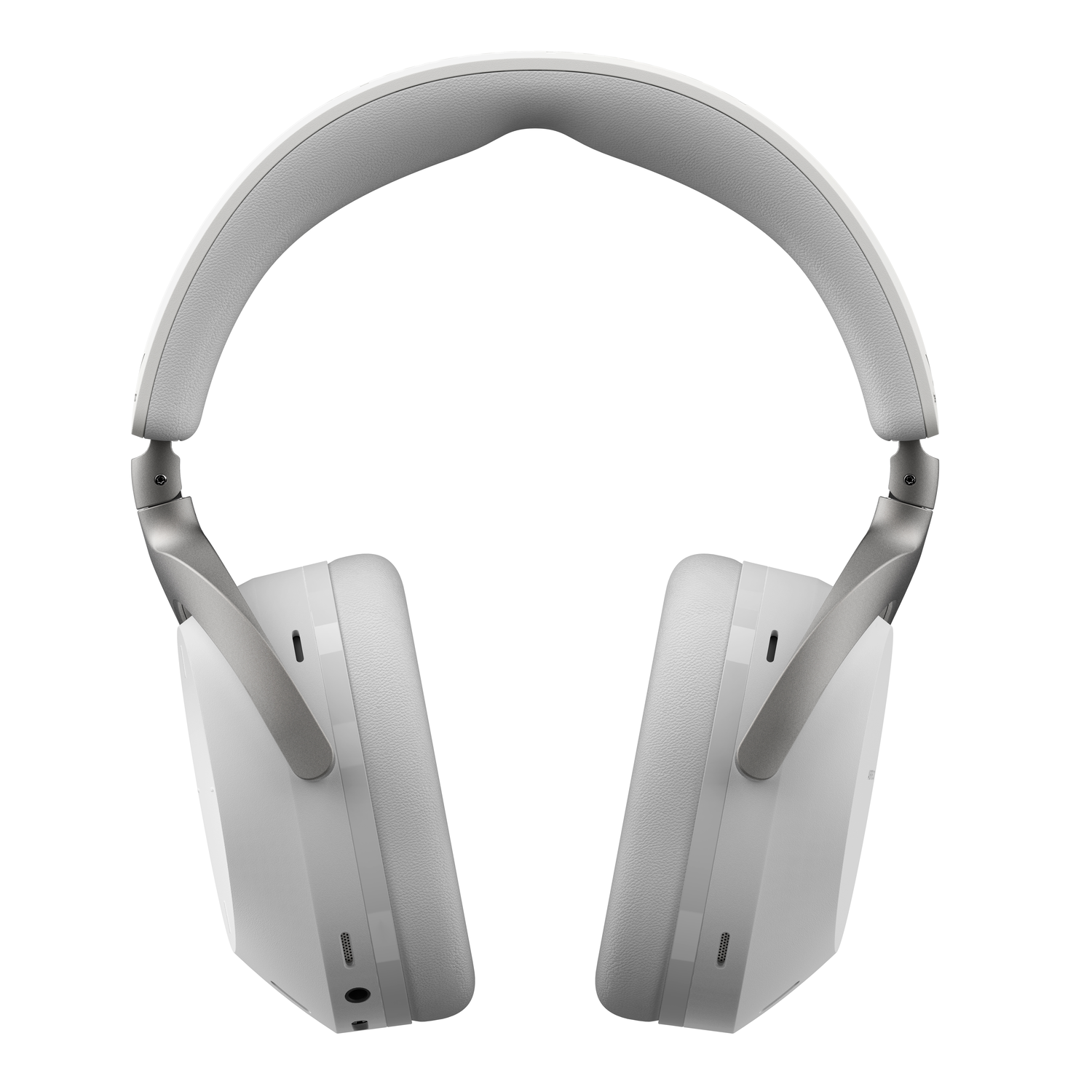 Casque blanc, vue de dessus, avec bandeau et écouteurs rembourrés, sur fond blanc.