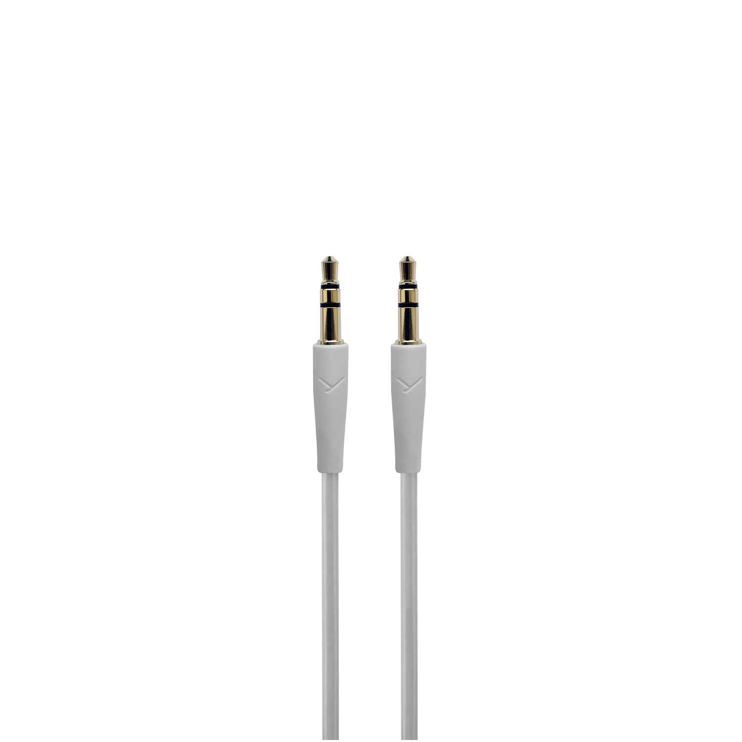 Deux câbles audio blancs avec pointes dorées, sur fond blanc.