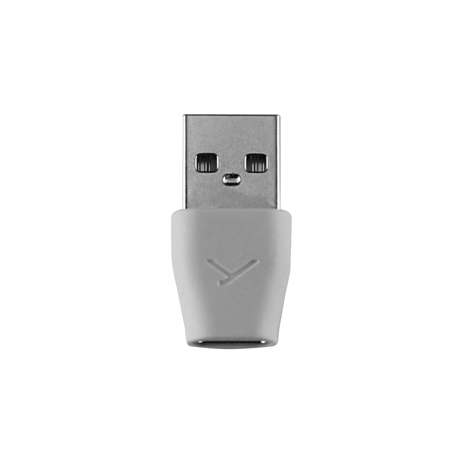 Un adaptateur USB-C avec un boîtier blanc, pris de face.