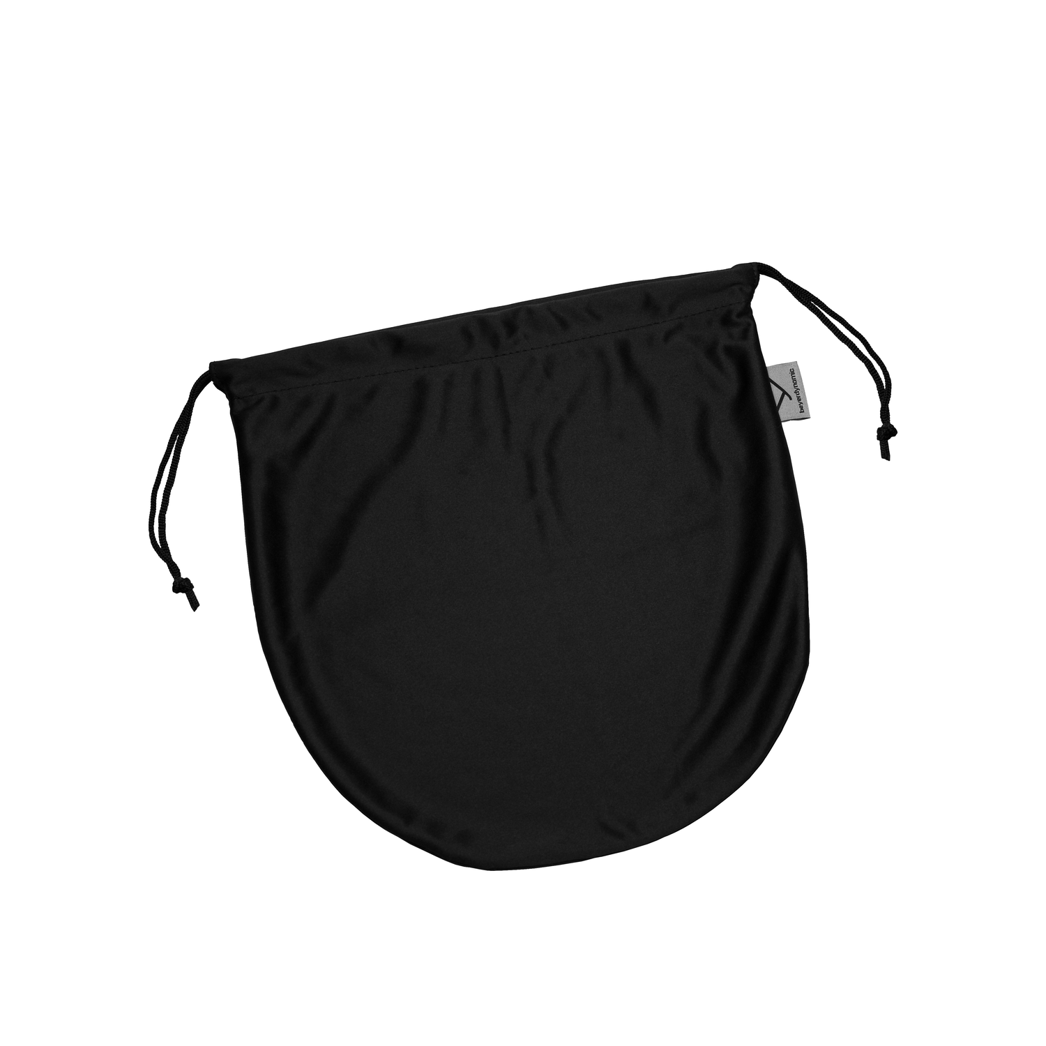 Sac noir à cordon avec une étiquette blanche sur le côté.