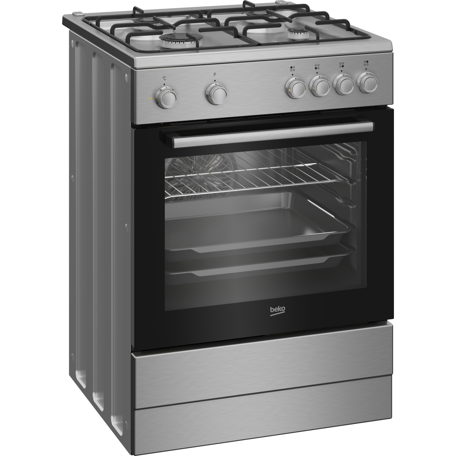 Stainless steel Beko oven. Has four burners on top. Inside has racks and two trays.