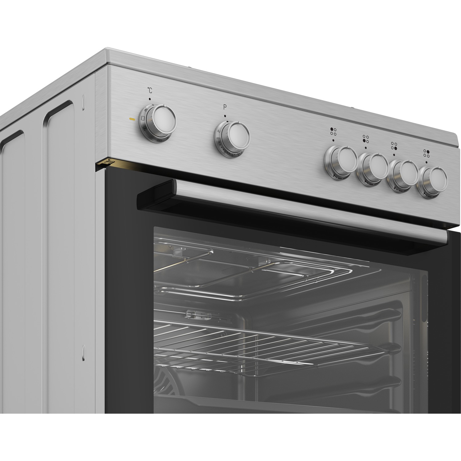 Silver oven with control knobs, door open showing racks.