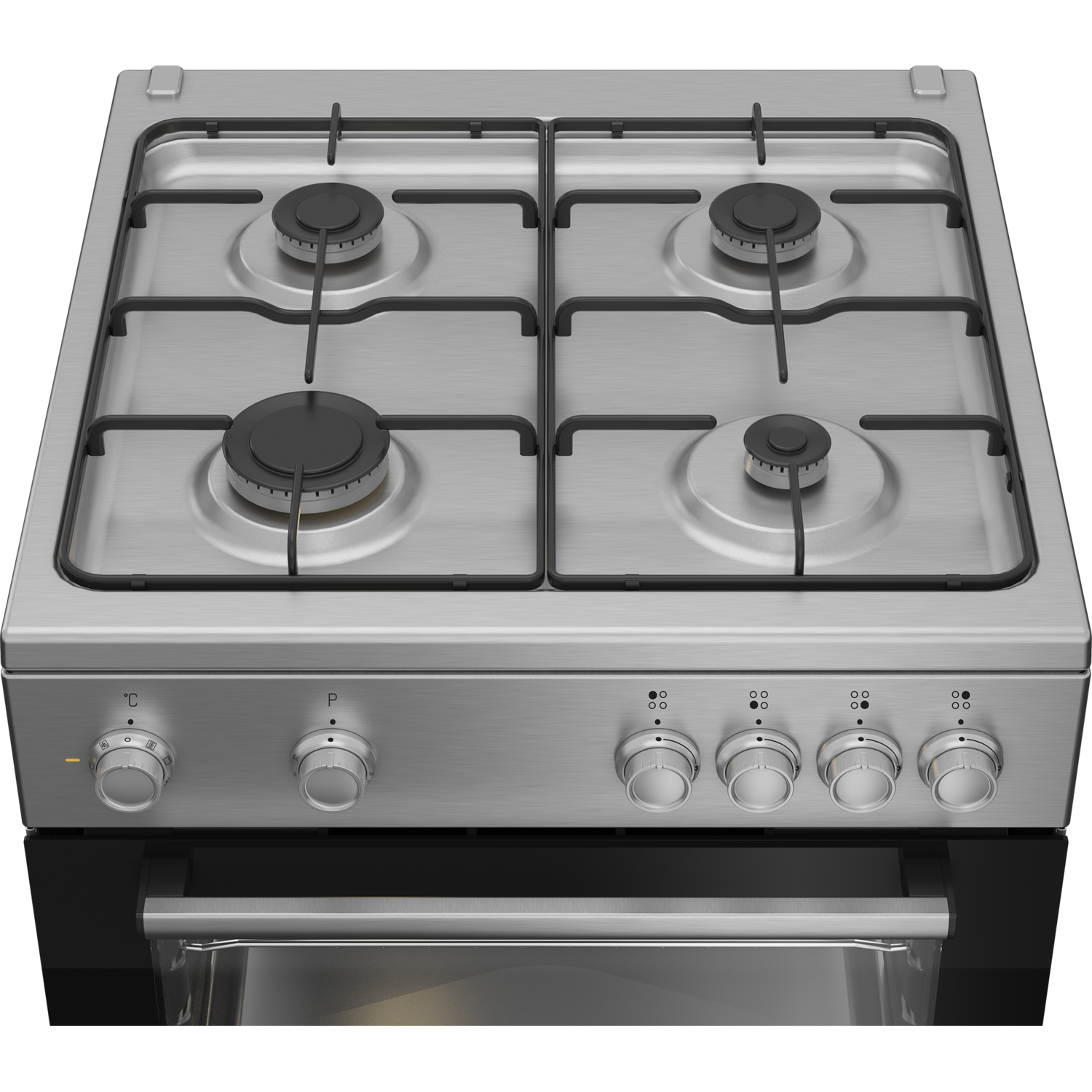 Stainless steel gas stove with four burners and control knobs, top view.