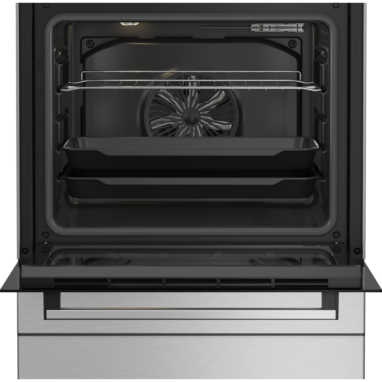 Open oven interior. Two trays inside. Fan is visible in the back. Racks are on the sides.