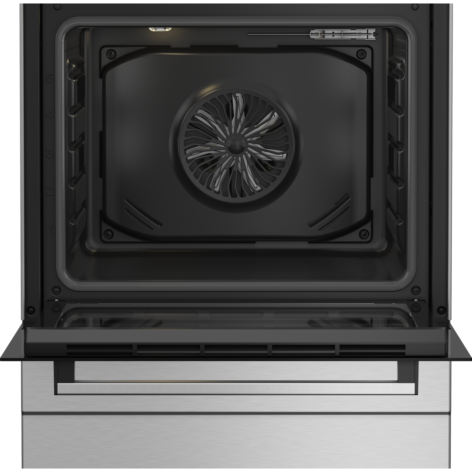 An open oven interior. The oven has a fan in the back. It has a stainless steel bottom.