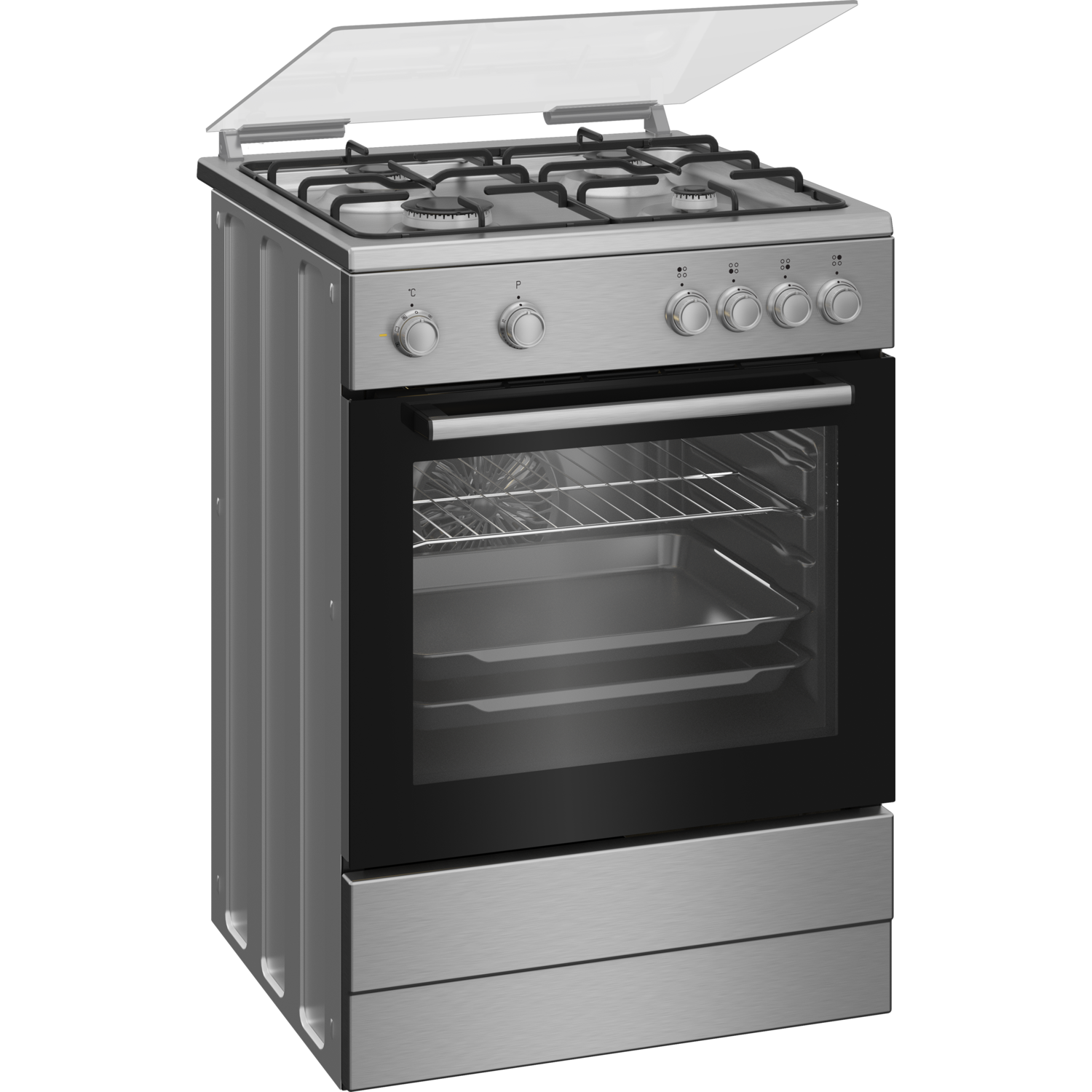 Stainless steel oven with glass door and open top cover, on a black background.