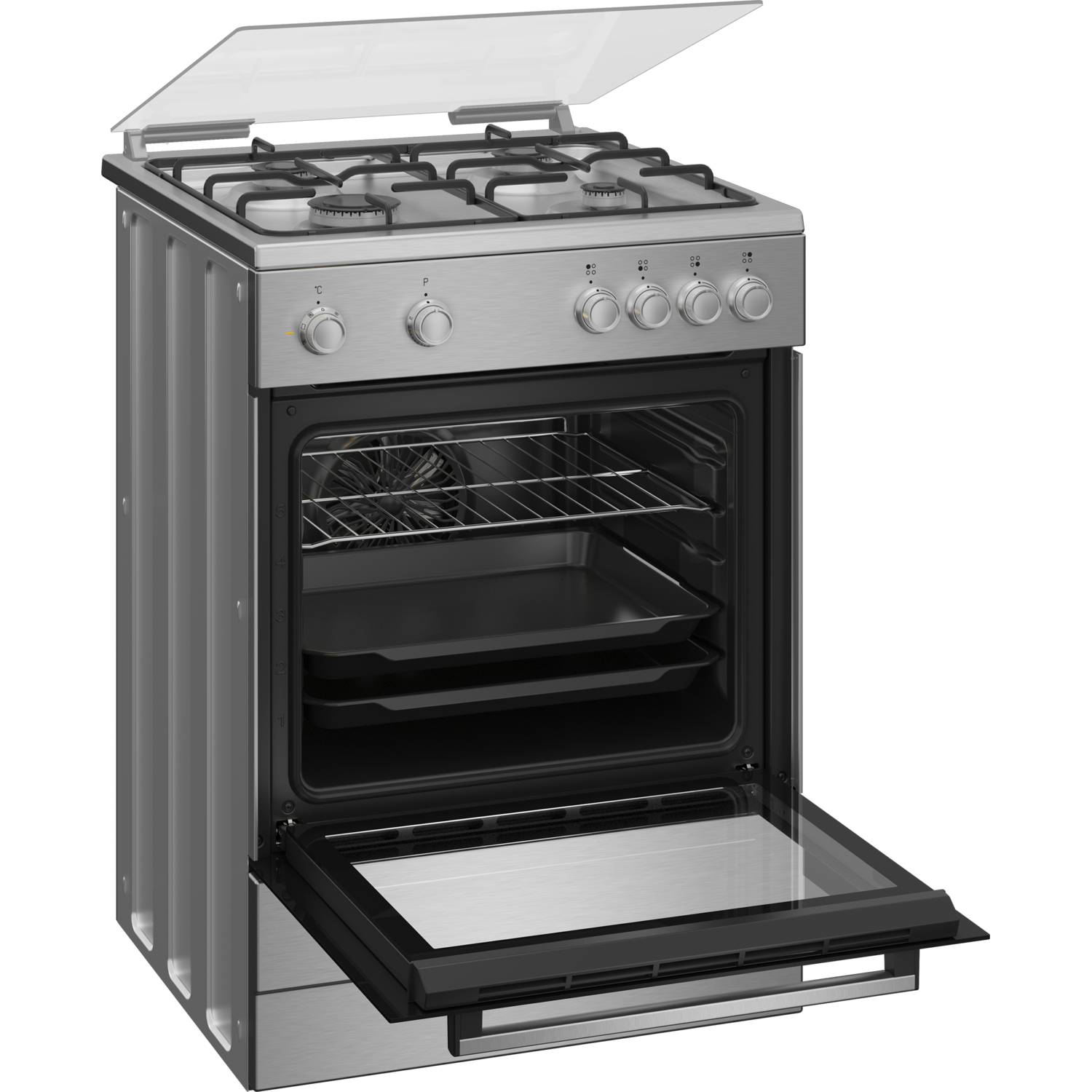 Open stainless steel oven with glass door, black interior, two trays, four burner stove.