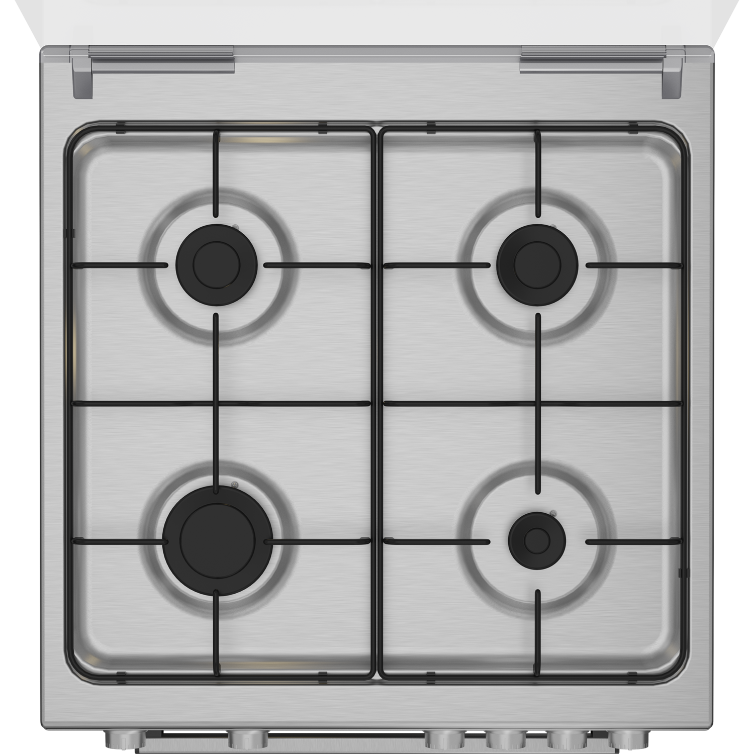 A top-down view of a silver gas stove.
