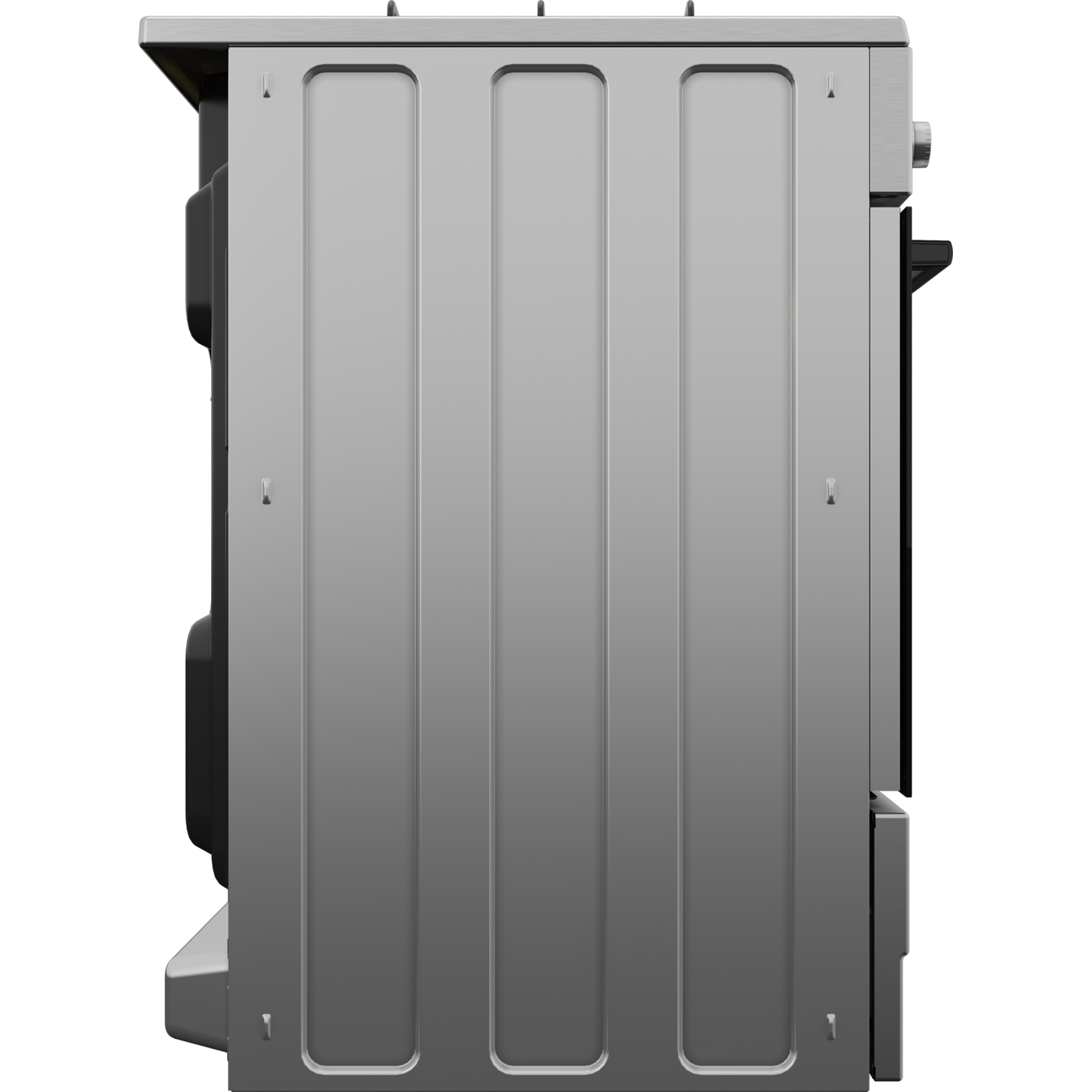 A gray, metallic side panel of an oven. It has vertical, raised lines and is on a black background.