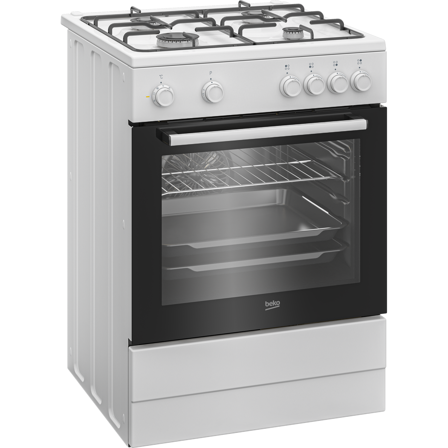 White Beko oven. Has four burners on top. Inside has racks and two trays.