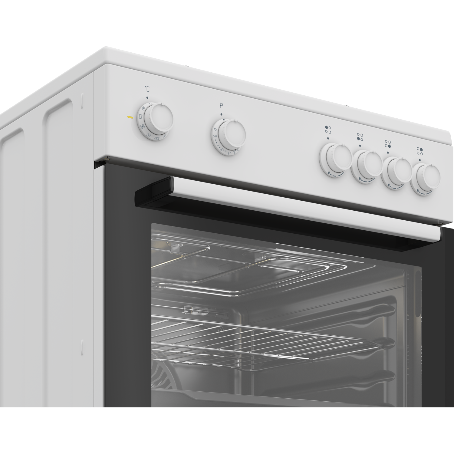 Close-up of a white oven. Knobs on top and the oven door is open.